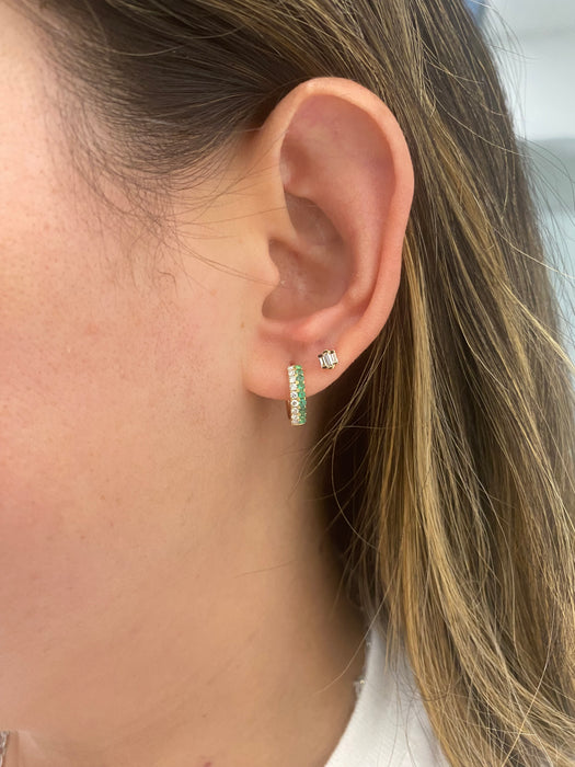 14K Natural Emerald & Diamond Huggie Earrings