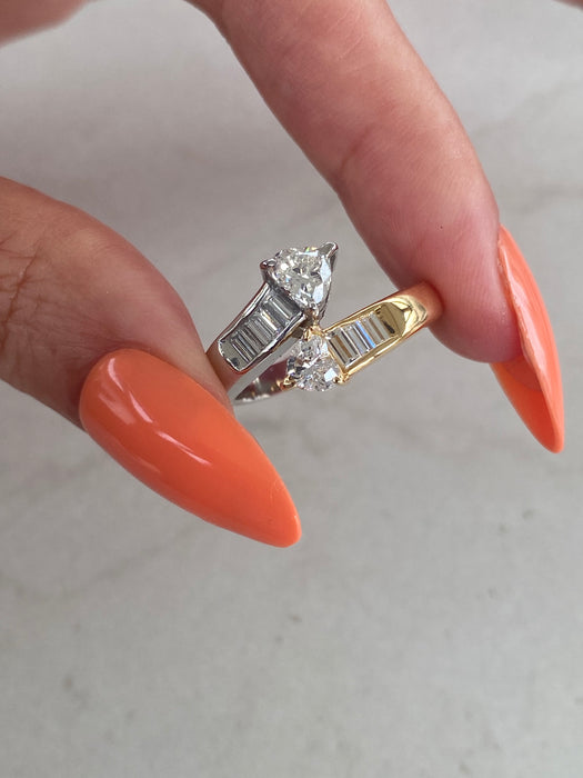 Vintage 18K Gold & Platinum Natural Heart Diamond Bypass Ring