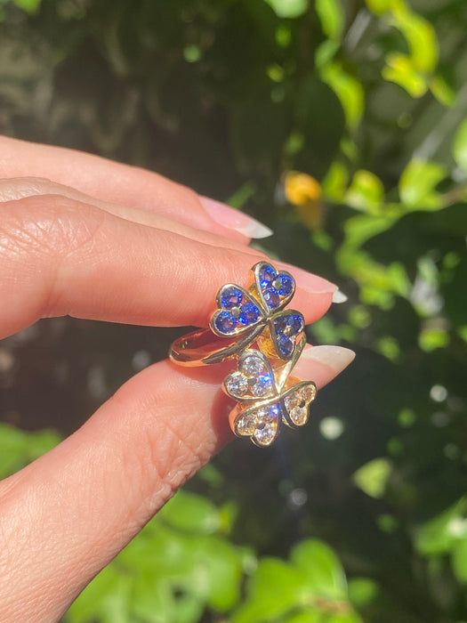 18k diamond blue sapphire clover bypass ring size 5