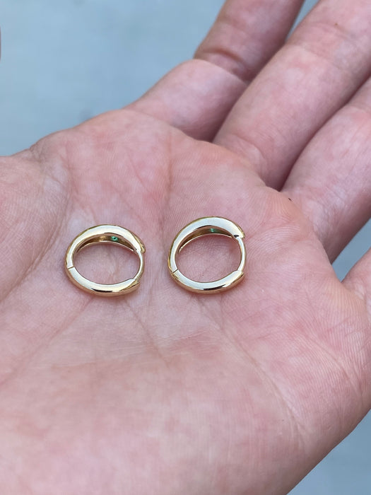 14K Gold Flush Set Emerald Huggie Earrings