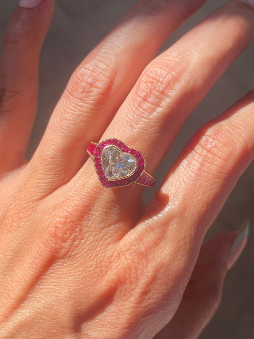 14K Lab Diamond Heart Ring with Natural Ruby Halo