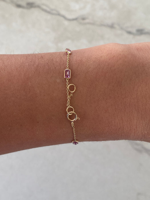 14K Gold Emerald-Cut Pink Sapphire Charm Bracelet