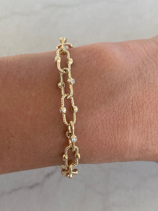 14K Solid Gold Croissant Paperclip Diamond Bracelet