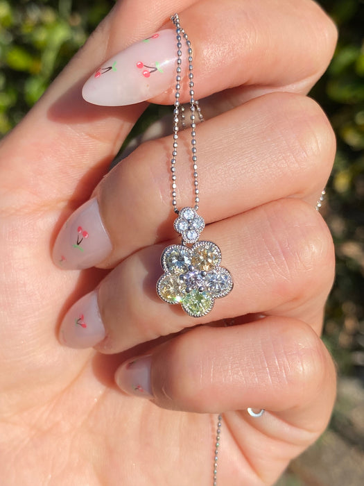 Vintage Platinum Bead Necklace with Articulated Natural Diamond Flower Charm