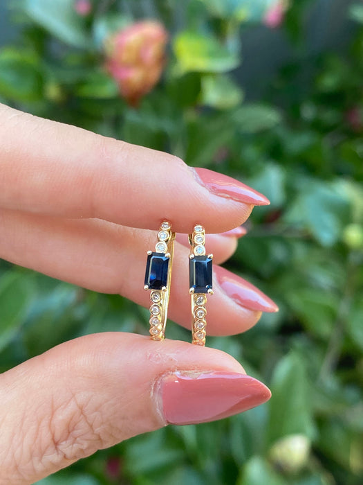 14k blue sapphire diamond huggie earrings