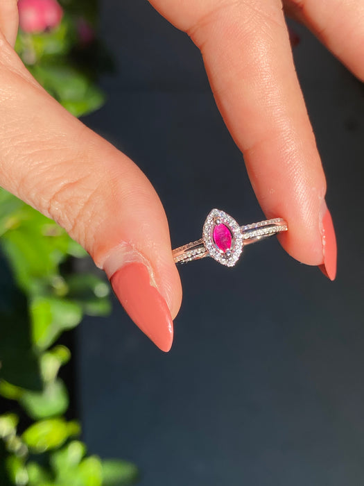 18k white gold ruby diamond marquise ring size 6.75