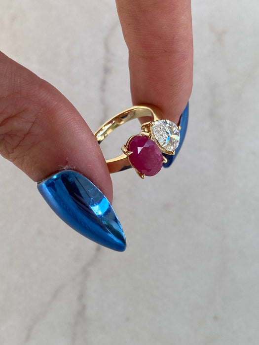 14K Gold Ruby & Pear Diamond Ring – 1 Carat Oval Ruby, 1 Carat Pear Lab Diamond, Size 4.75