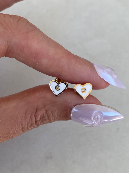 14K Gold White Enamel Diamond Heart Stud Earrings