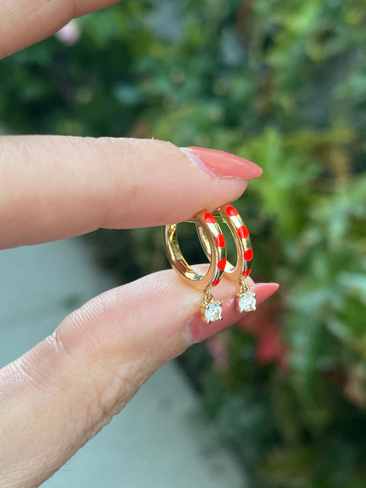 14k red enamel diamond huggies earrings
