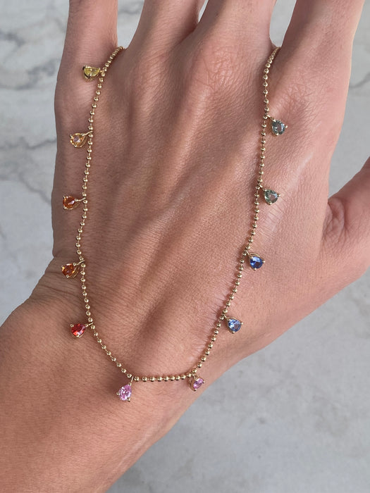 14K Gold Rainbow Pear Sapphire Station Bead Necklace — 2.20 Carats