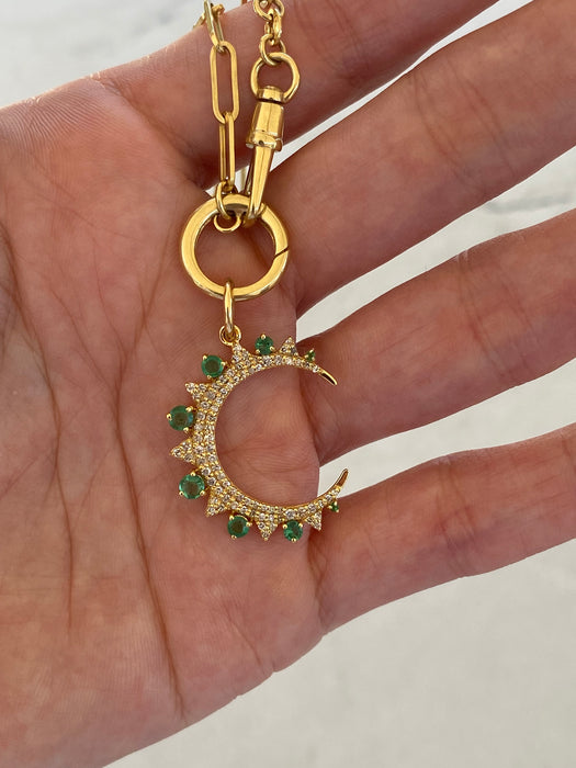 14K Gold Emerald & Diamond Crescent Moon Charm