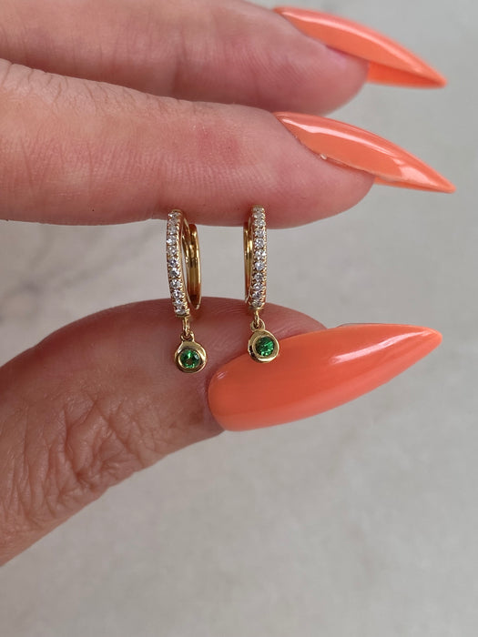 14K Gold Diamond & Green Garnet Dangle Huggie Earrings