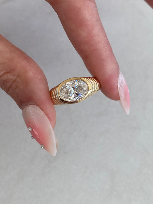 14K Gold Ribbed Bezel Set Lab Diamond Oval Ring – 2.09 Carat IGI Certified