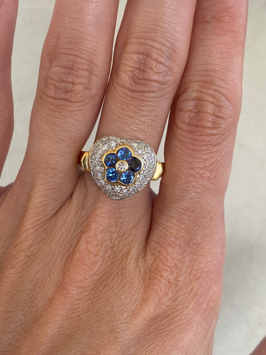 Vintage 18K Gold & Platinum Diamond and Blue Sapphire Flower Heart Ring