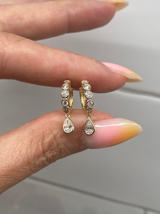 14K Gold Lab Diamond Bezel Huggie Earrings with Pear Drop