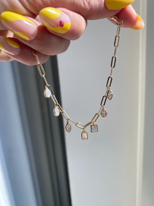 14k Gold Lab Diamond Bezel Charms Paperclip Bracelet With Dog Clip