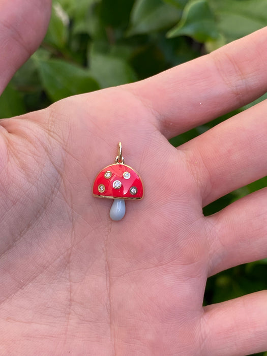 14k enamel red and gray diamond mushroom charm