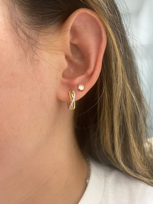 14K Natural Diamond Three-Row Crossover Huggie Earrings