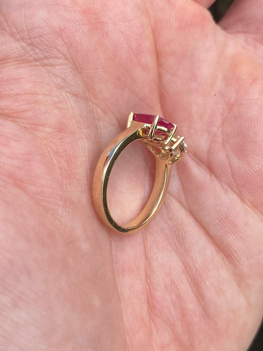 14K Gold Ruby & Pear Diamond Ring – 1 Carat Oval Ruby, 1 Carat Pear Lab Diamond, Size 4.75