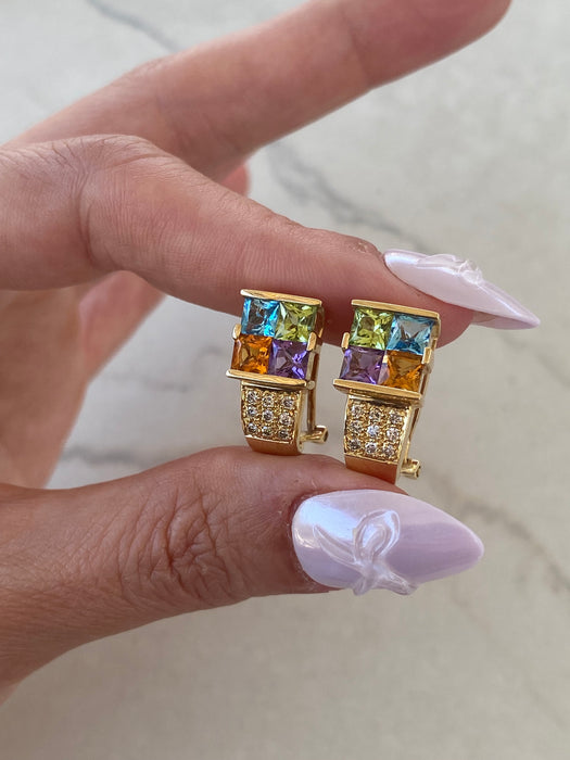 Vintage 14K Rainbow Gemstone & Diamond Omega Back Earrings