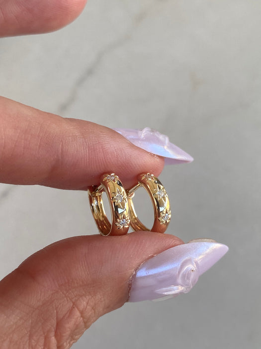 14K Diamond Starburst Mini Huggie Earrings