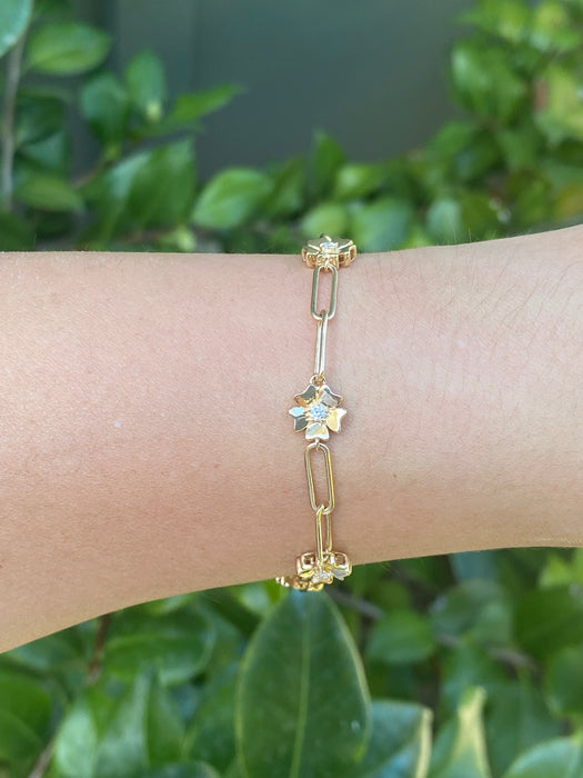 14k diamond paperclip flower bracelet