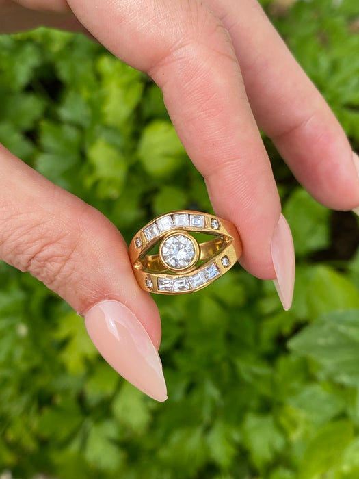 Vintage 18K Gold Diamond Ring – Bezel Set Center with Step Cut Diamonds – 1.38 TCW Natural Diamonds – Size 6