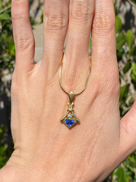 Vintage 18K Gold Bezel Set Blue Sapphire & Diamond Pendant