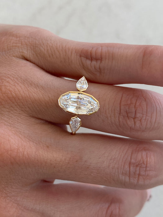 14K Gold Bezel Set Step Cut Lab Diamond Oval & Pear Ring