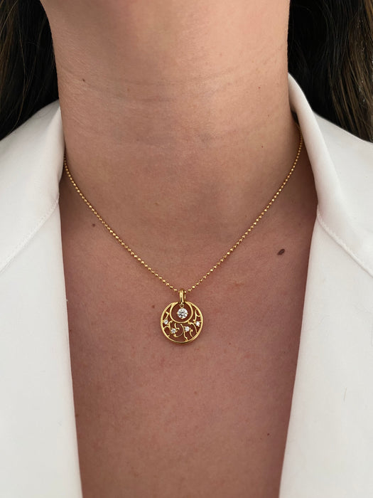 Vintage 18K Gold Bead Diamond Moon Pendant Necklace