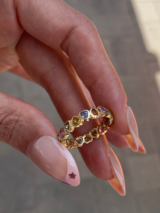 14K Gold Rainbow Sapphire Heart Eternity Ring