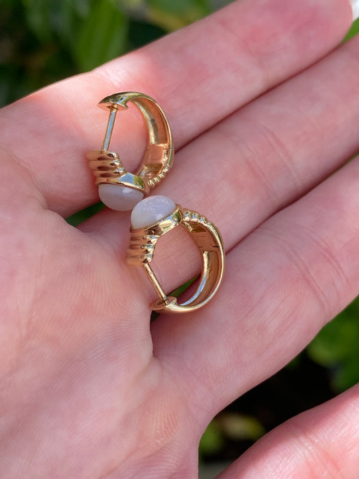 14k Gold Mother of Pearl Ribbed Huggie Earrings