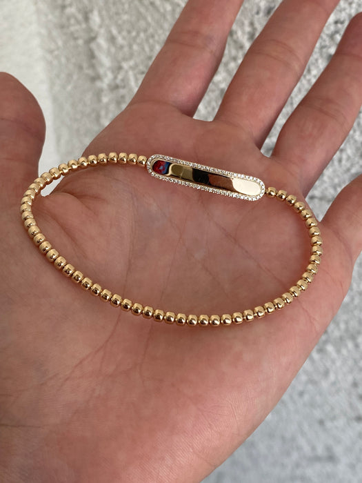 14k stretchy bead bracelet with diamond ID center