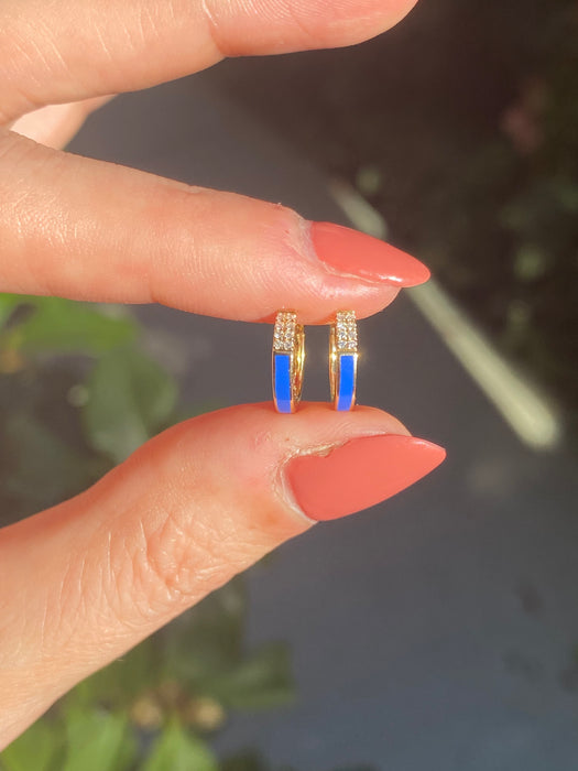 14k blue enamel diamond huggie earrings
