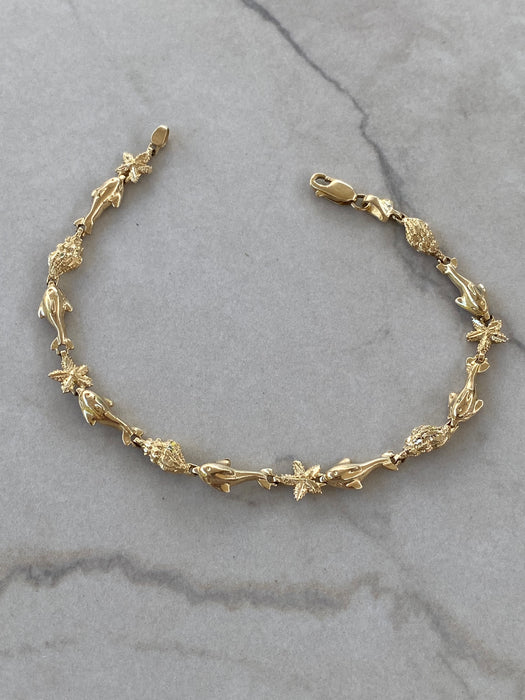 Vintage 14K Dolphin & Seashell Bracelet