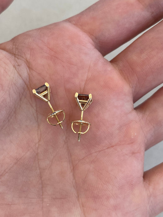 14K Gold Natural Brown Diamond Princess Stud Earrings
