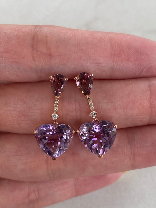 18K Rose Gold Rhodolite Garnet, Amethyst Heart & Diamond Drop Earrings