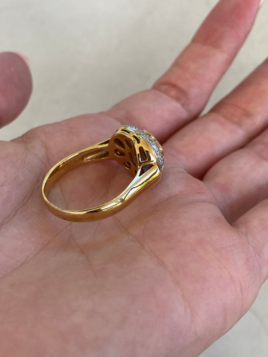Vintage 18K Gold & Platinum Diamond and Blue Sapphire Flower Heart Ring