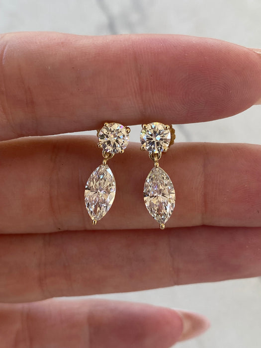 14K Gold 3 TCW Round & Marquise Lab Diamond Drop Earrings