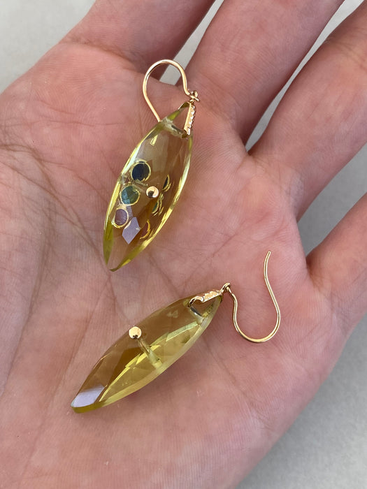 Vintage 18K Carved Lemon Quartz & Gemstone Drop Earrings