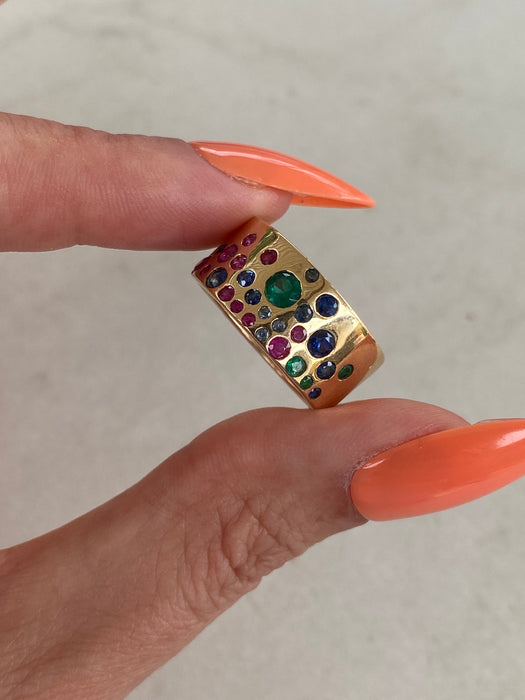 14K Gold Ruby, Emerald & Sapphire Cigar Ring Size 6.75