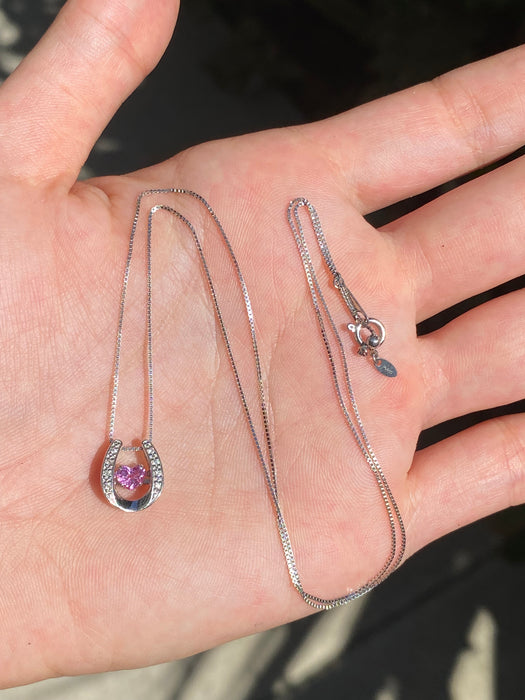 Platinum box chain with horseshoe pink sapphire heart diamond pendant 18”