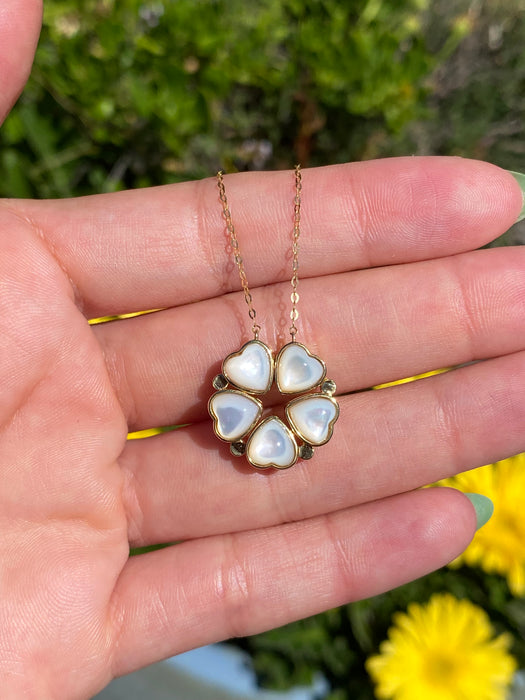 18k mother of pearl heart clover necklace