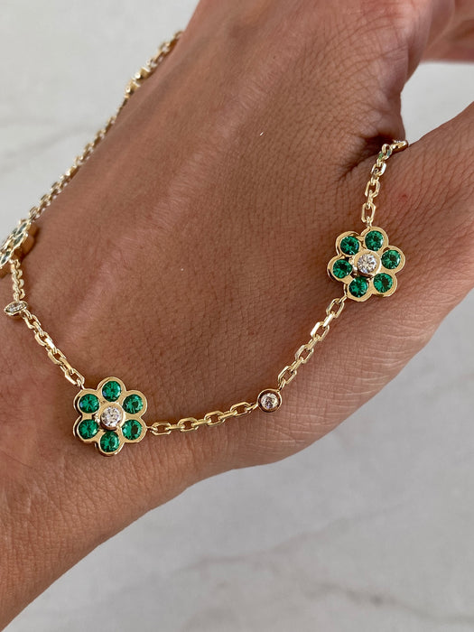 14K Gold Mariner Chain Necklace with Lab Emerald & Diamond Flower Stations