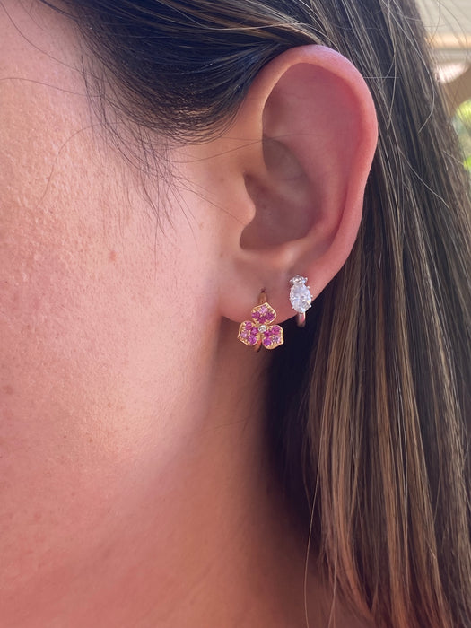 14K Gold Pink Sapphire, Ruby & Diamond Flower Huggie Earrings