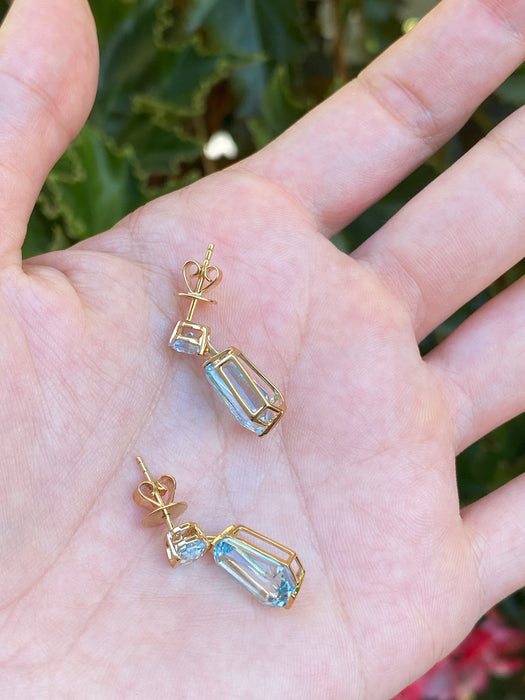 18K Gold Geometric Blue Topaz Dangle Earrings – 9.4ct