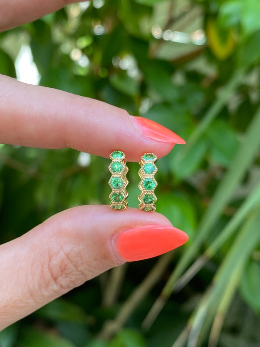 14K Gold Hexagon Tsavorite Garnet Huggie Earrings