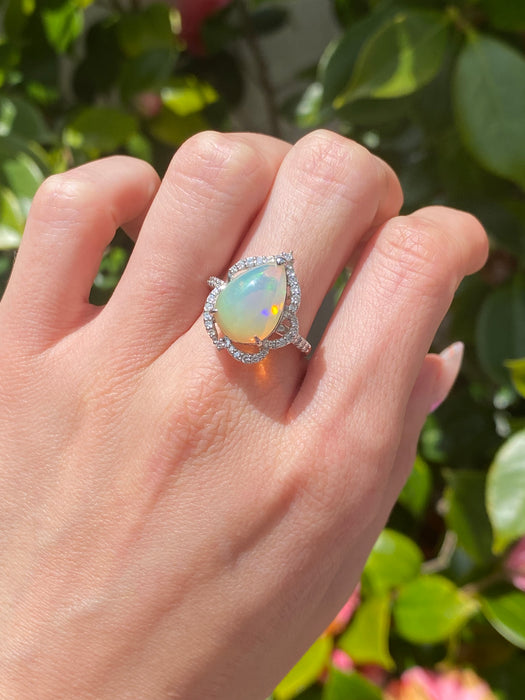 Platinum 900 opal and diamond ring size 6.5