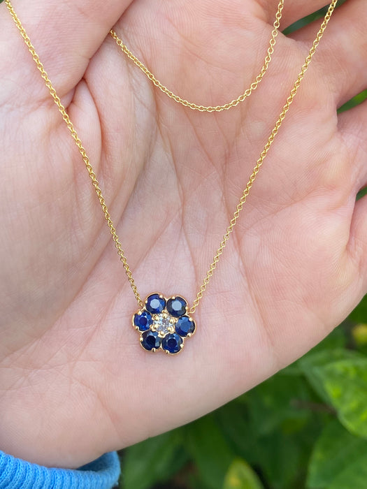 14k blue sapphire and diamond flower necklace 16” or 18”