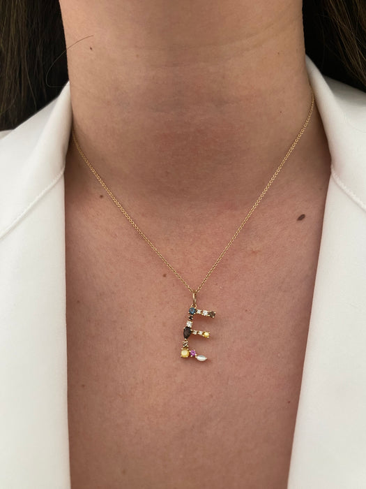 14k rainbow initial E letter pendant charm